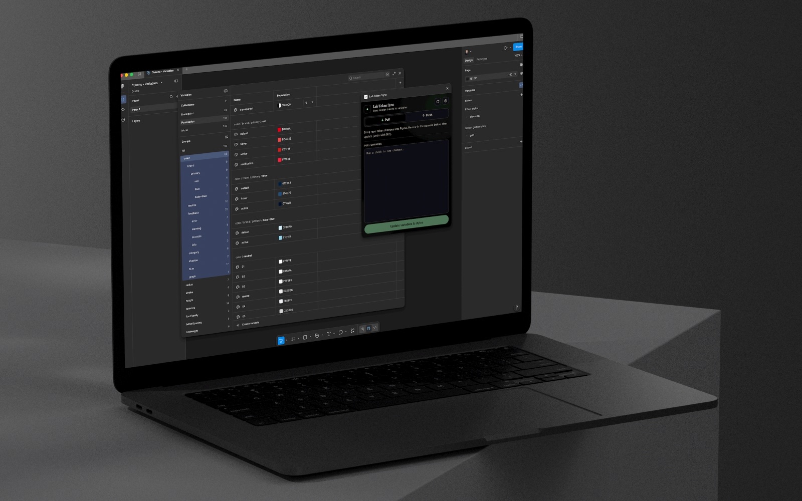 The token sync plugin open in Figma on a laptop, browsing colour variable collections with the pull and push panel.